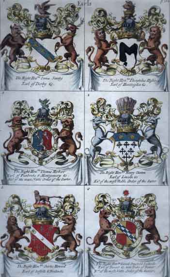 Plate 104: Earls:  1. James Stanley, Earl of Derby  2. Theophilius Hastings, Earl of Huntingdon 3. Thomas Herbert, Earl of Pembroke & Montgomery 4. Henry  Clinton, Earl of Lincoln 5. Charles Howard, Earl of Suffolk  & Bindon  6. Lionel Granfield Sac