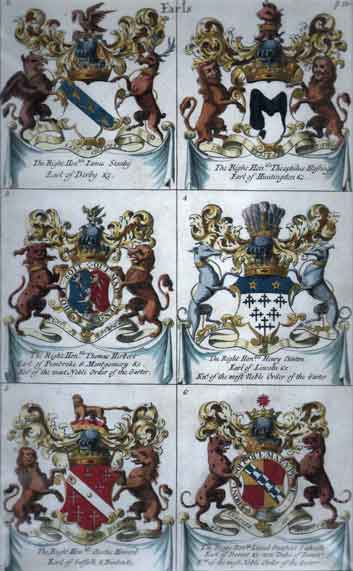 Plate 104: Earls:  1. James Stanley, Earl of Derby  2. Theophilius Hastings, Earl of Huntingdon 3. Thomas Herbert, Earl of Pembroke & Montgomery 4. Henry  Clinton, Earl of Lincoln 5. Charles Howard, Earl of Suffolk  & Bindon  6. Lionel Granfield Sac