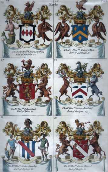 Plate 104: Earls:25. Edward Montagu, Earl of Sandwich  26. Edward Hyde, Earl of Clarendon  27. William Capel, Earl of Essex  28. George Brudenel, Earl of Cardigan  29. Arthur Annesley, Carl of Anglescy  30. Charles Howard, Earl of Carlisle