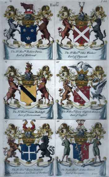 Plate 104: Earls:43. Robert Darcie, Earl of Holderness  44. Other Windesor, Earl of Plymouth 45. James Radclyffe, Earl of Derwentwater  46. Henry  Safford Howard, Earl of  Stafford 47. Henry Bentinck, Earl of Portland 48. Arthur Herbert, Earl of Tor