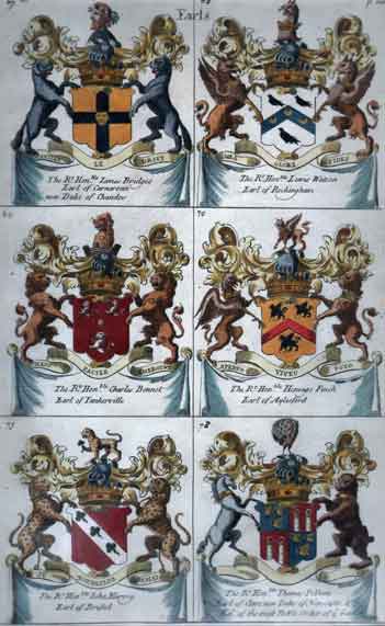 Plate 104: Earls:67. James Bridges, Earl of Carnavan 68. Lewis Watson, Earl of Rockingham  69. Charles Bennet, Earl of Tankerville  70. Heneage Finch, Earl of Aylesford  71. John Harvey, Earl of Bristol  72. Thomas Pleham Earl of Clarenon, Duke of N