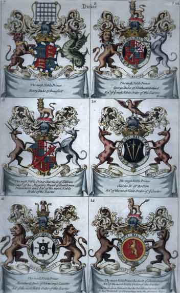 Plate 92: Dukes:7. Henry Duke of Beaufort  8. George Duke of Northumberland  9. Charles Duke of St. Albans  10. Charles Duke of Bolton  11. Meinhardt Duke of Schomberg & Leinster  12. Charles Duke of Shrewsbury